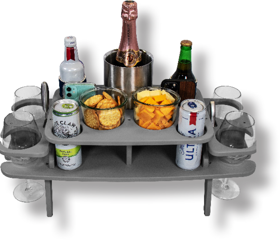 gray storage tray with holders for crackers, small beer cans, and champagne bottles