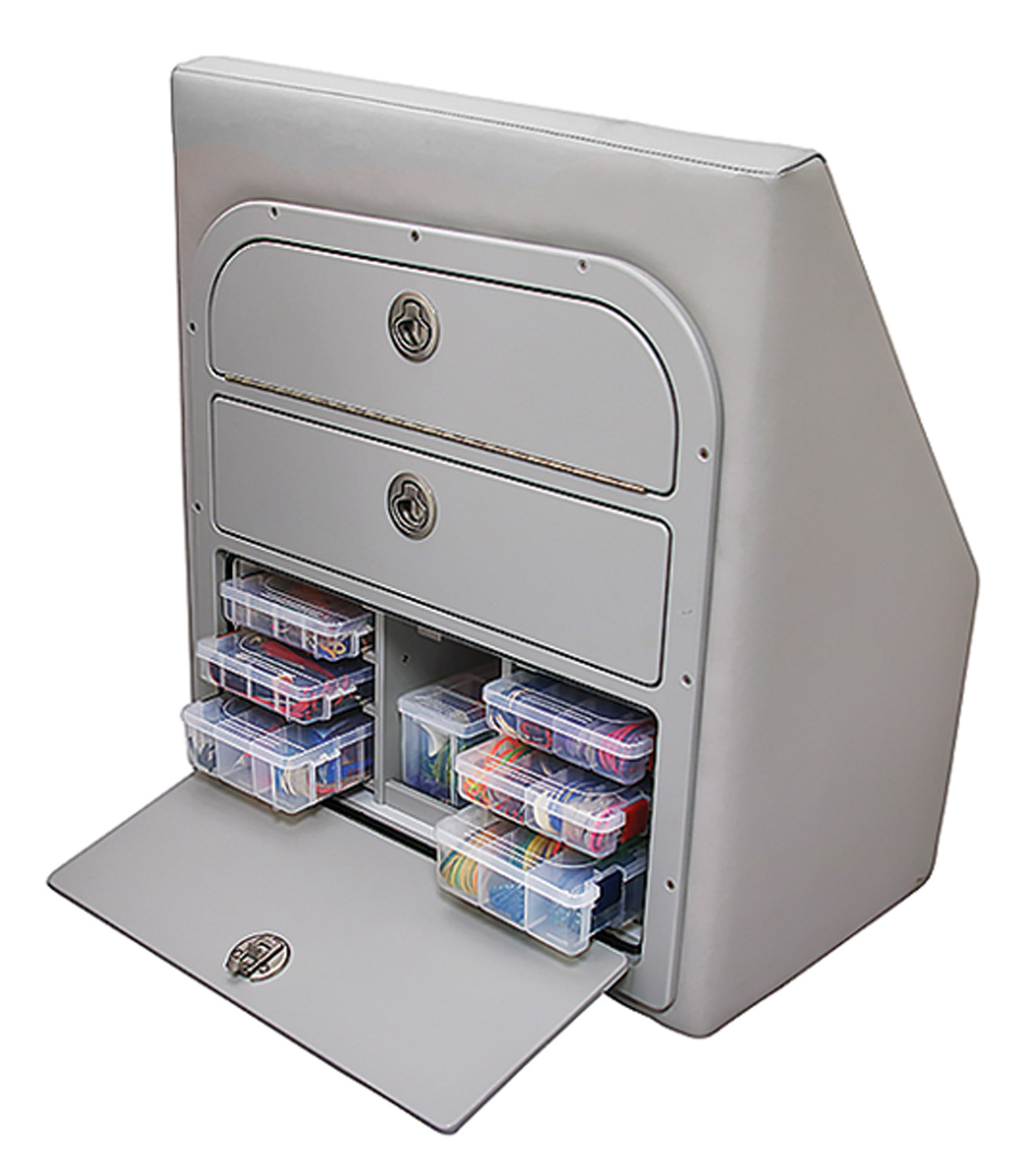 the Pontoon Lounge Backrest Tackle Storage Box with the bottom section open and small shelves slightly out