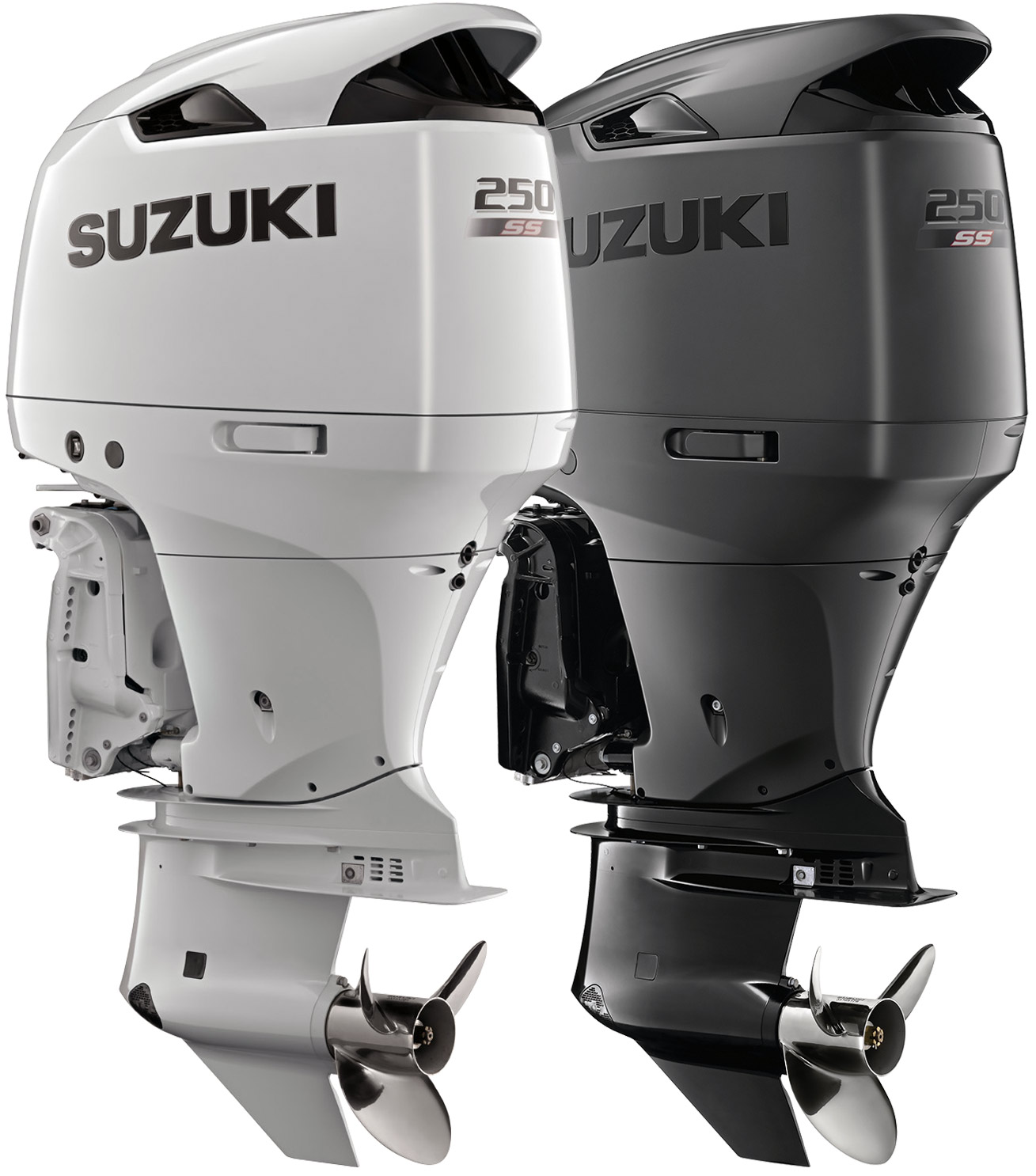 the new Suzuki DF250SS “SS” Series outboard motor in, one white and the other black