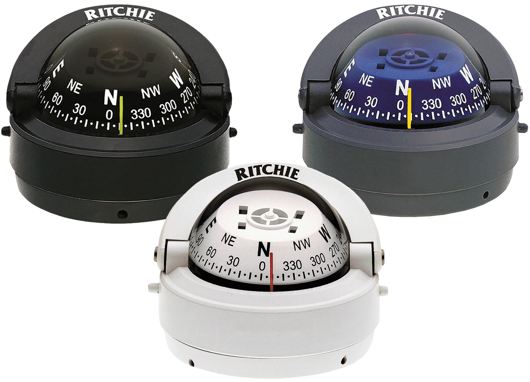 three Ritchie Explorer magnetic compasses in black, gray and white