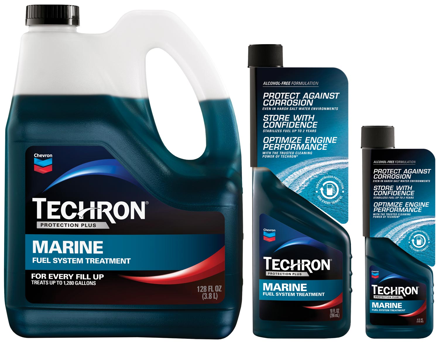three containers from Techron's Marine Fuel System Treatment line