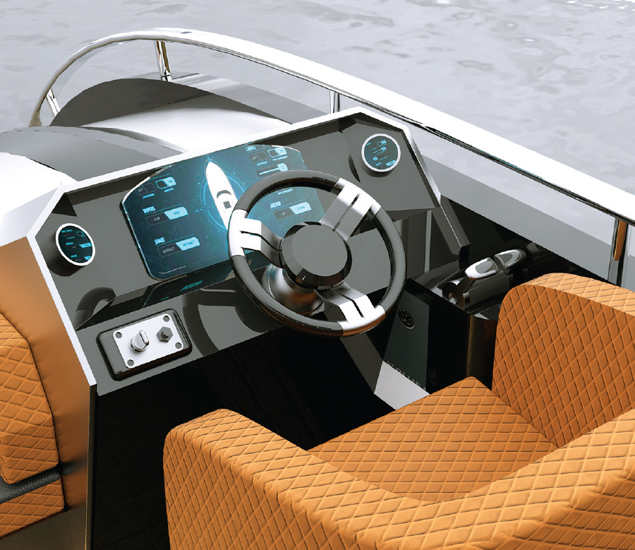 drivers seat of boat with steering wheel