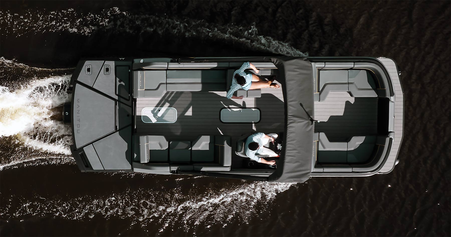 Overhead shot of Manitou pontoon on lake