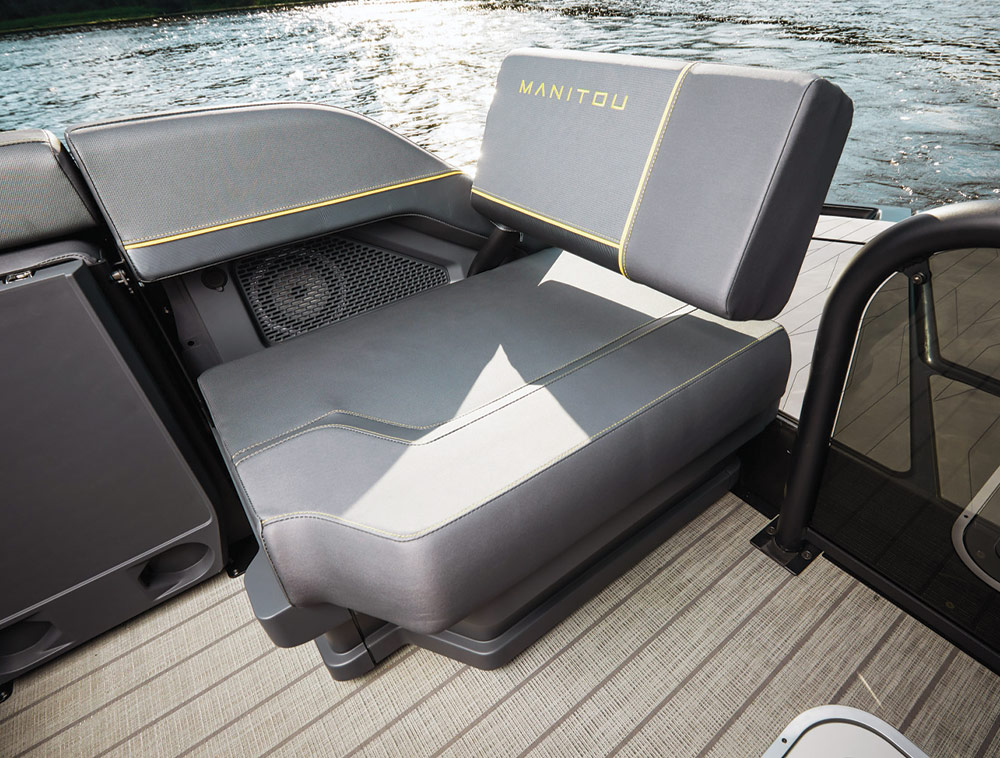 Wide shot of loveseat style seat on pontoon
