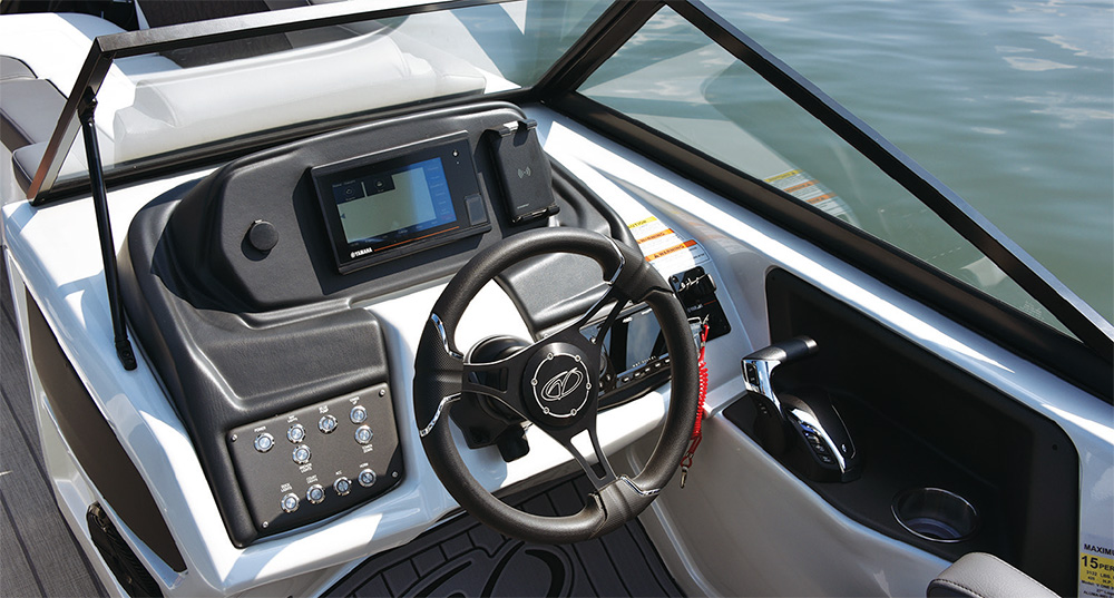 Interior driver seat view of Veranda V One boat
