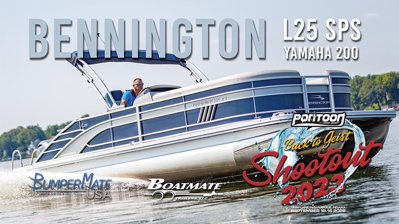 a Bennington L25 SPS Yamaha 200 on water imposed with the Shootout 2023 and sponsors logos