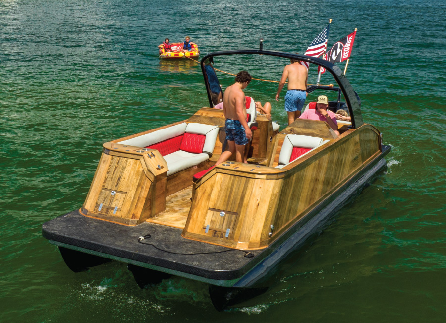 custom boat with wood panels