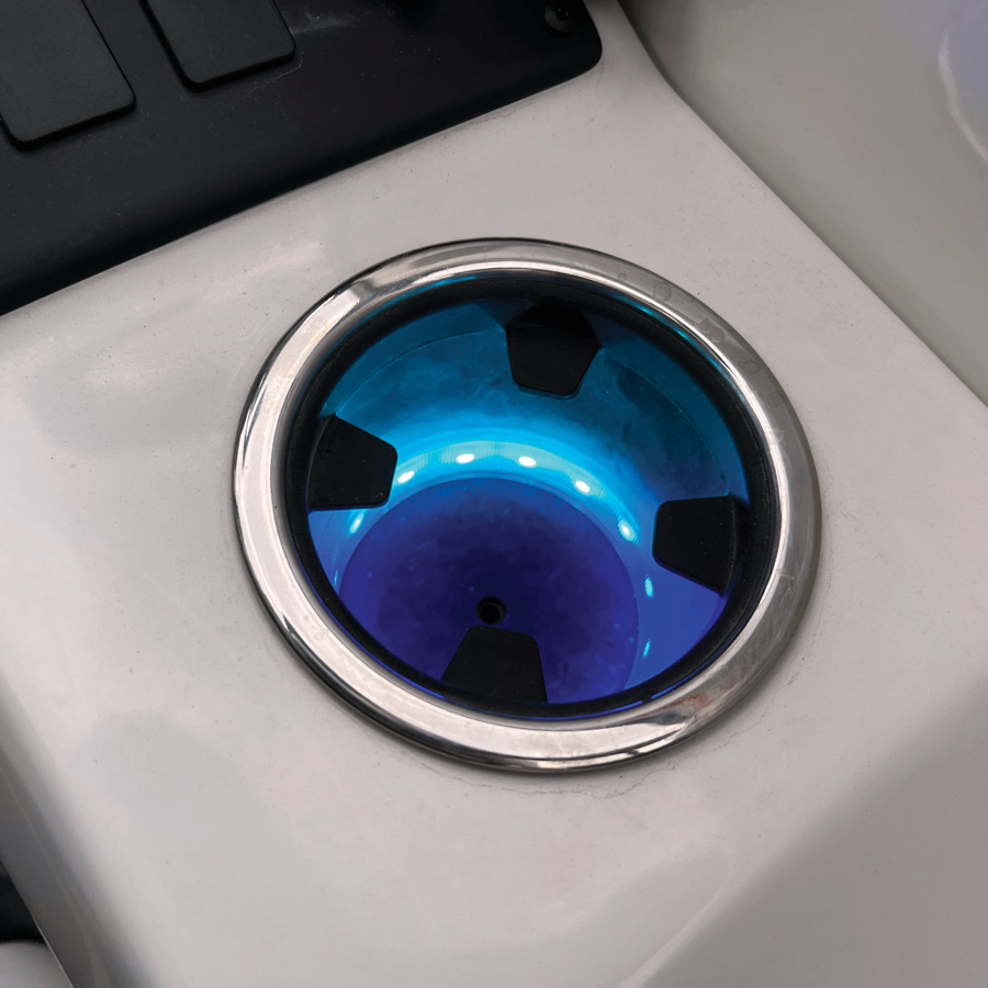 close up of cup holder with blue rgb lighting