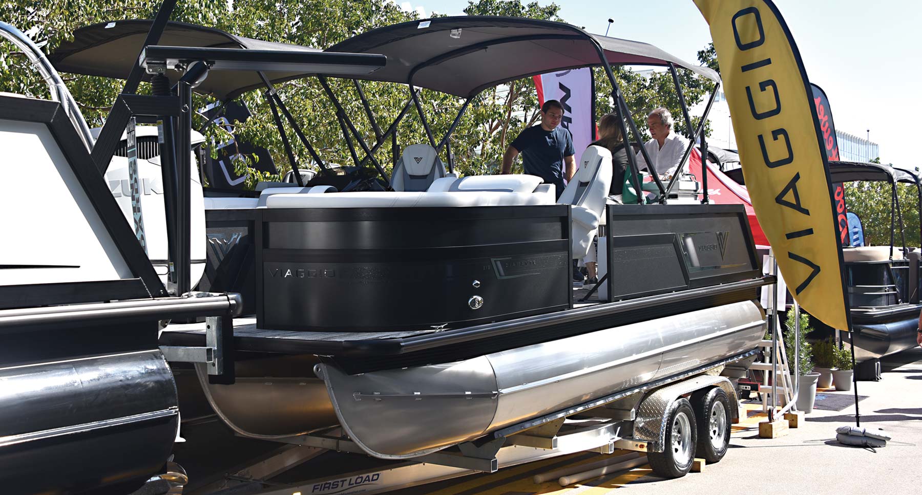 Black Viaggio pontoon on trailer