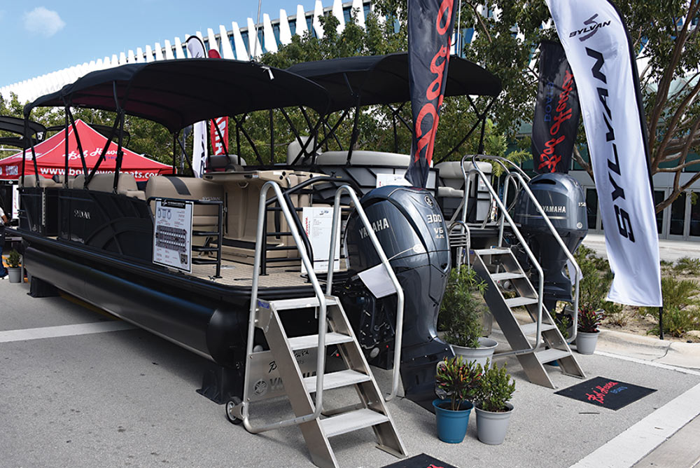 Sylvan pontoons on display outside