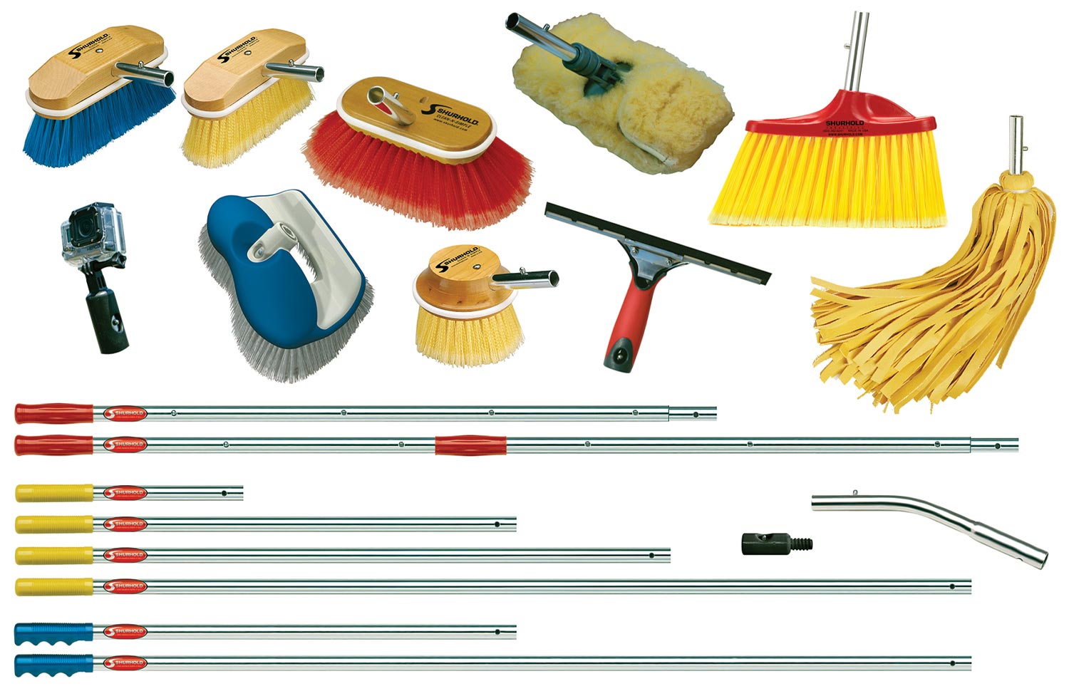 Shurhold One-Handle-Does-It-All-System tool and handle parts organized 