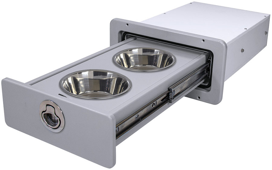 custom dog bowl shelves with insert and bowls inside