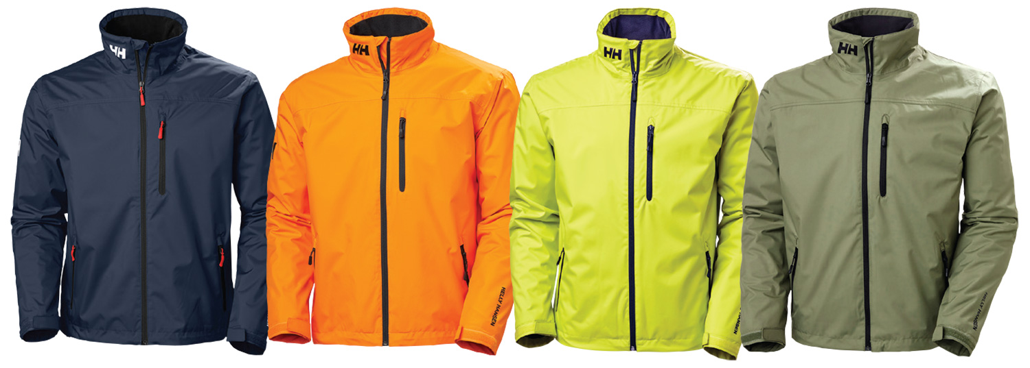 Four Helly Hansen branded crew midlayer sailing jackets in four different colors (navy blue, orange, yellow, and earth/olive green) side by side
