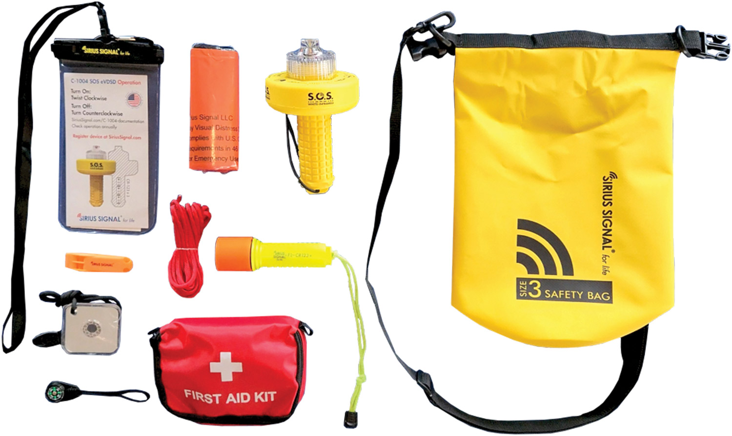 Sirius Signal's Watersports Safety “dry bag” Kit including a lithium battery-powered model C-1004 SOS eVDSD and floating flashlight, and a first aid kit