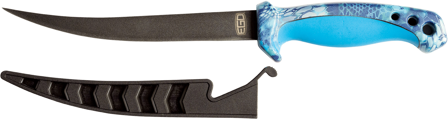 EGO Fishing’s new Kryptek Filet Knife with its blade covering removed and pictured beside it
