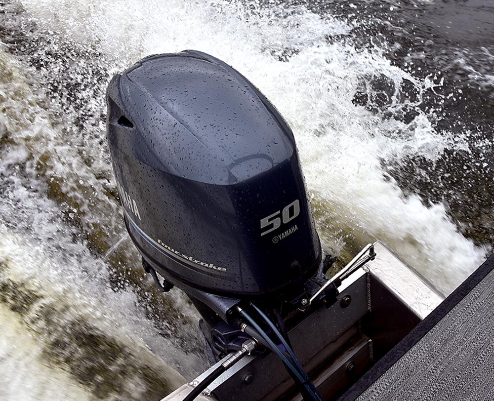 angled view of the Godfrey Mighty G series' Yamaha 50 gas motor
