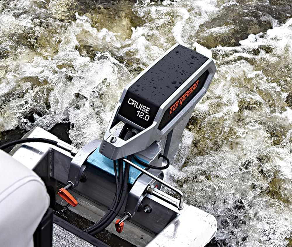 angled view of the Godfrey Mighty G series' Torqueedo electric motor