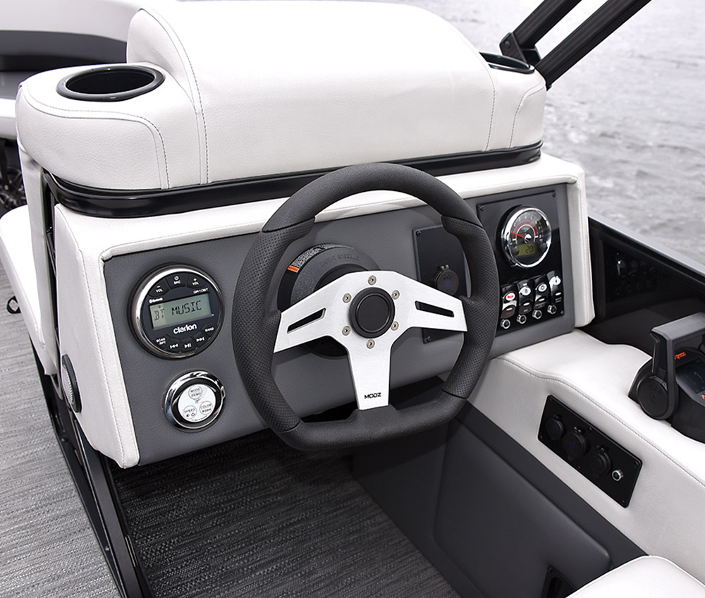 the helm of the Godfrey Mighty G series electric powered pontoon