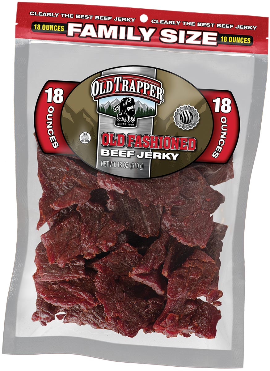 an 18oz. family sized bag of Old Trapper old fashioned beef jerky