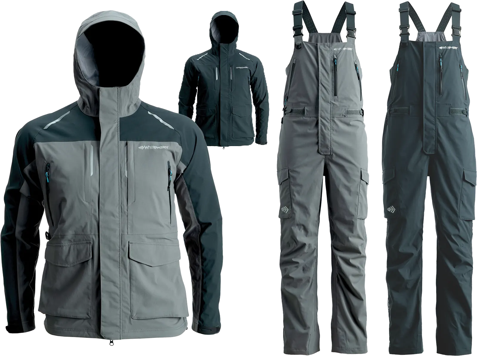 Gray and dark gray fishing jackets and bibs