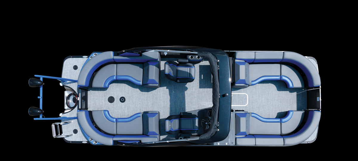 Bird's eye view of a Berkshire pontoon with a white and blue interior.