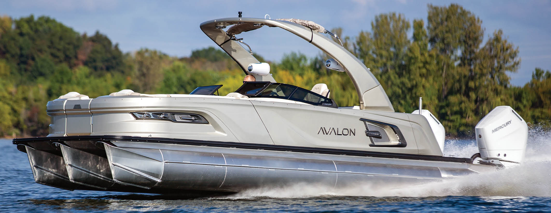 side view of Avalon Pontoon on the water