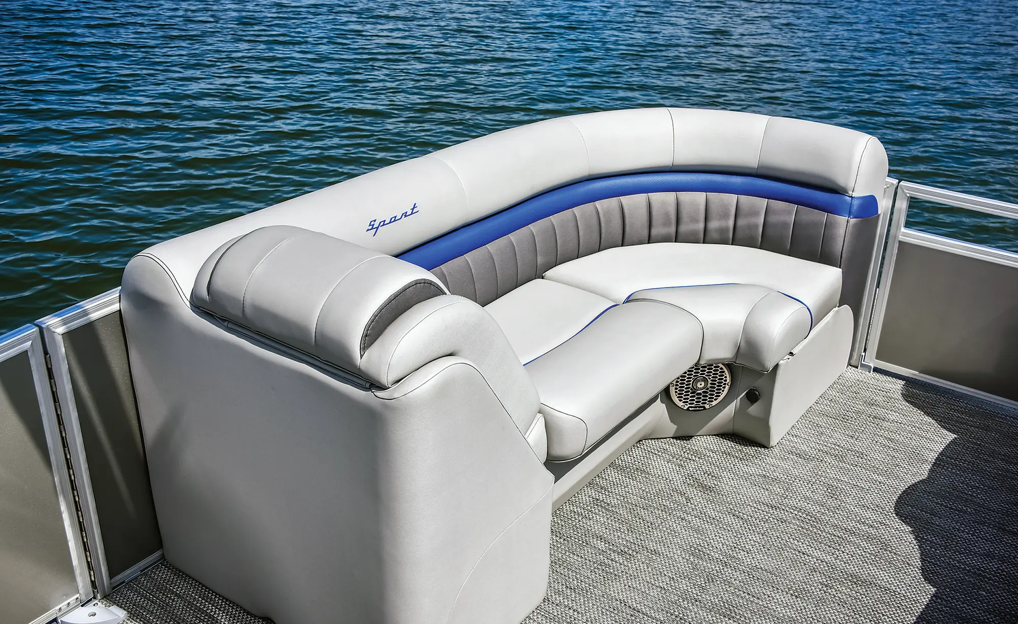 Aerial interior couch lounge area view of the Bennington Sport 24 LXSSBA pontoon motorboat vehicle