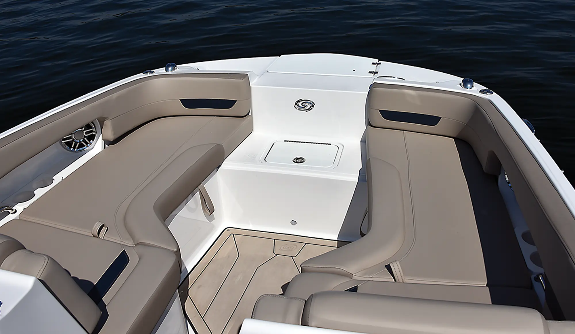 Aerial interior photo view of a lounge couches area of the Hurricane SunDeck 235 pontoon motorboat vehicle