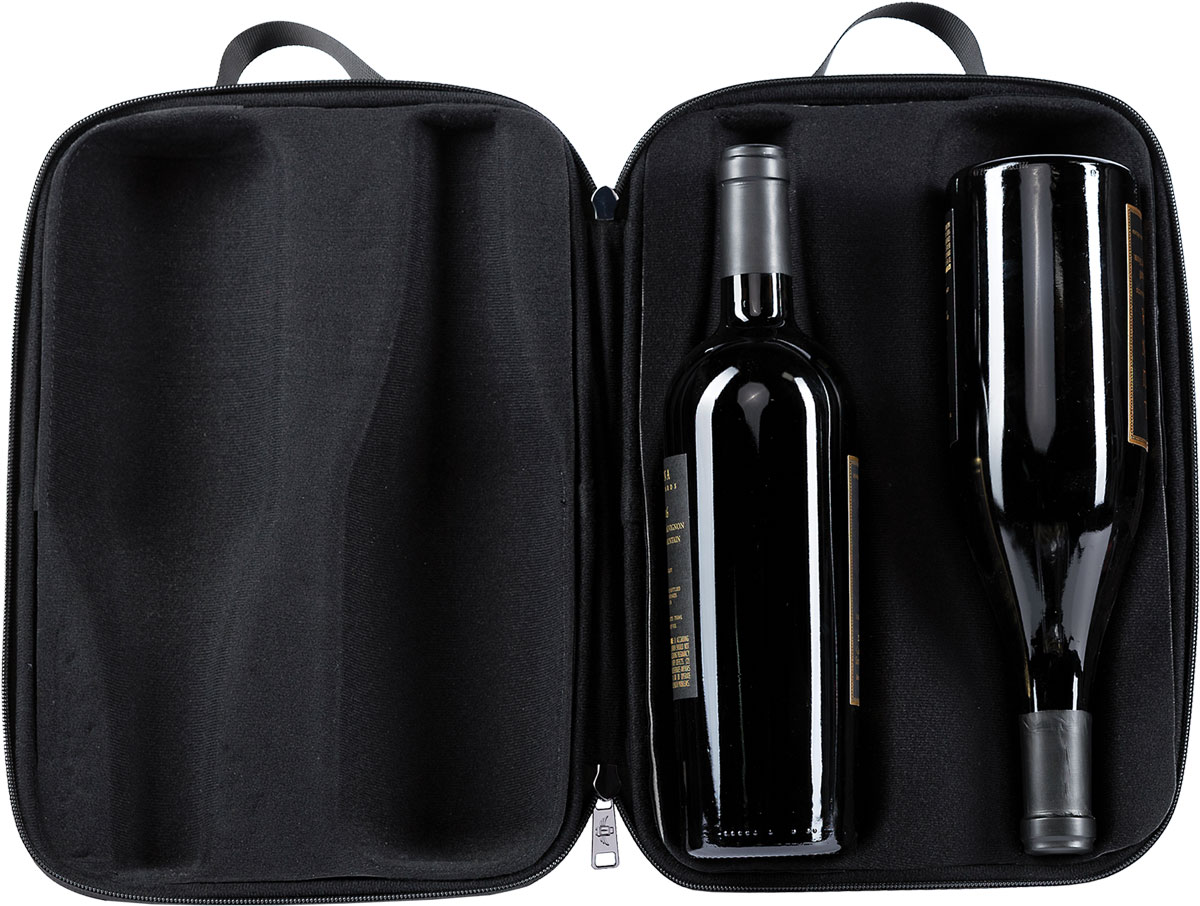 the FlyWithWine Vin2Go portable wine travel case open and holding two bottles in its inner cushion