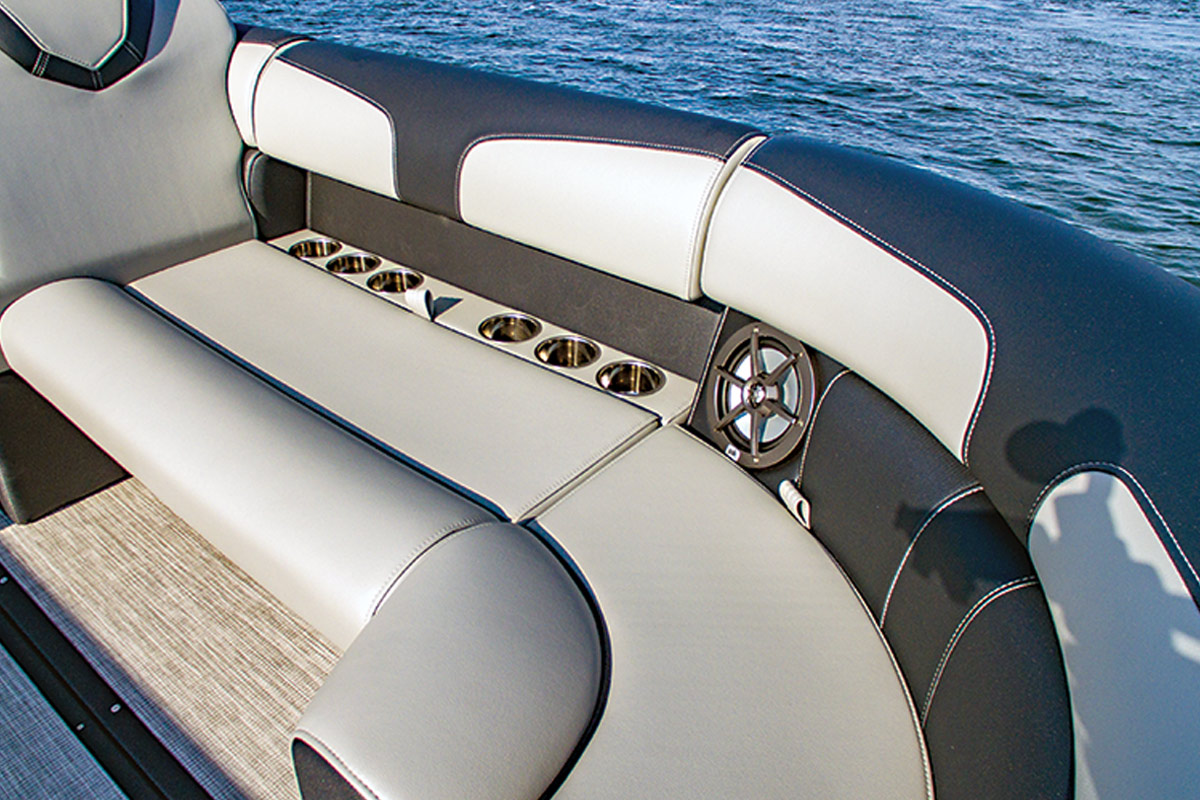 L-shaped couch seating area in Montara Boats Surf Boss 25