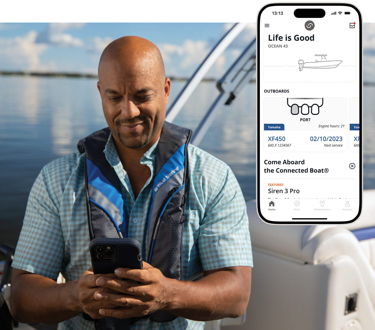 a man wearing a life preserver while on a pontoon on water smiles while looking at a smartphone; mockup of a smartphone showing the Siren Connected Boat app user interface