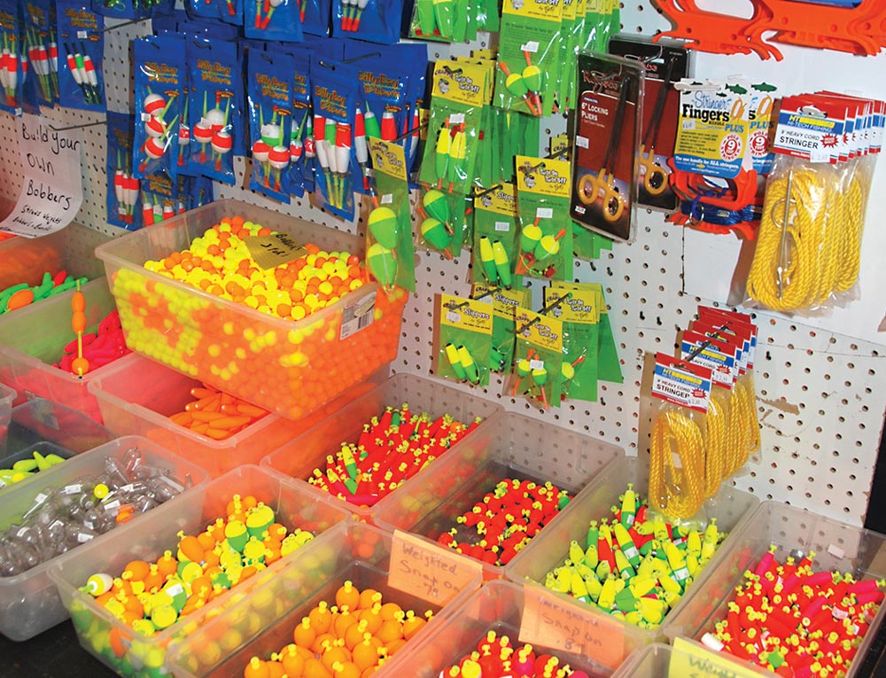 store setup of various bright colored bobbers 