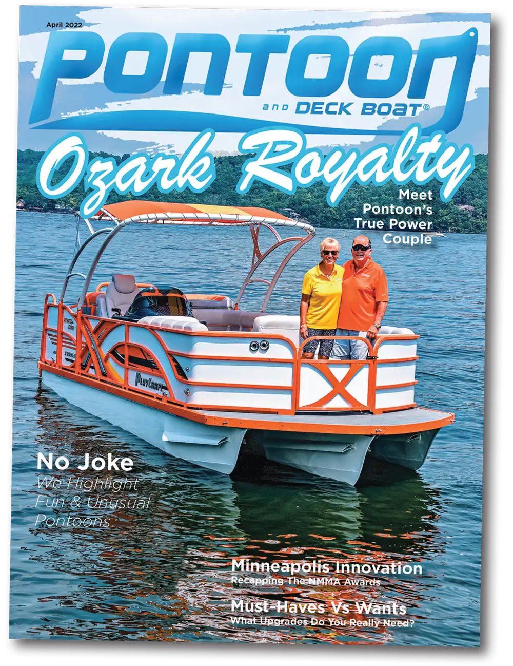 Jim Dorris and his wife Carolyn on the cover of the April 2022 issue of Pontoon and Deck Boat