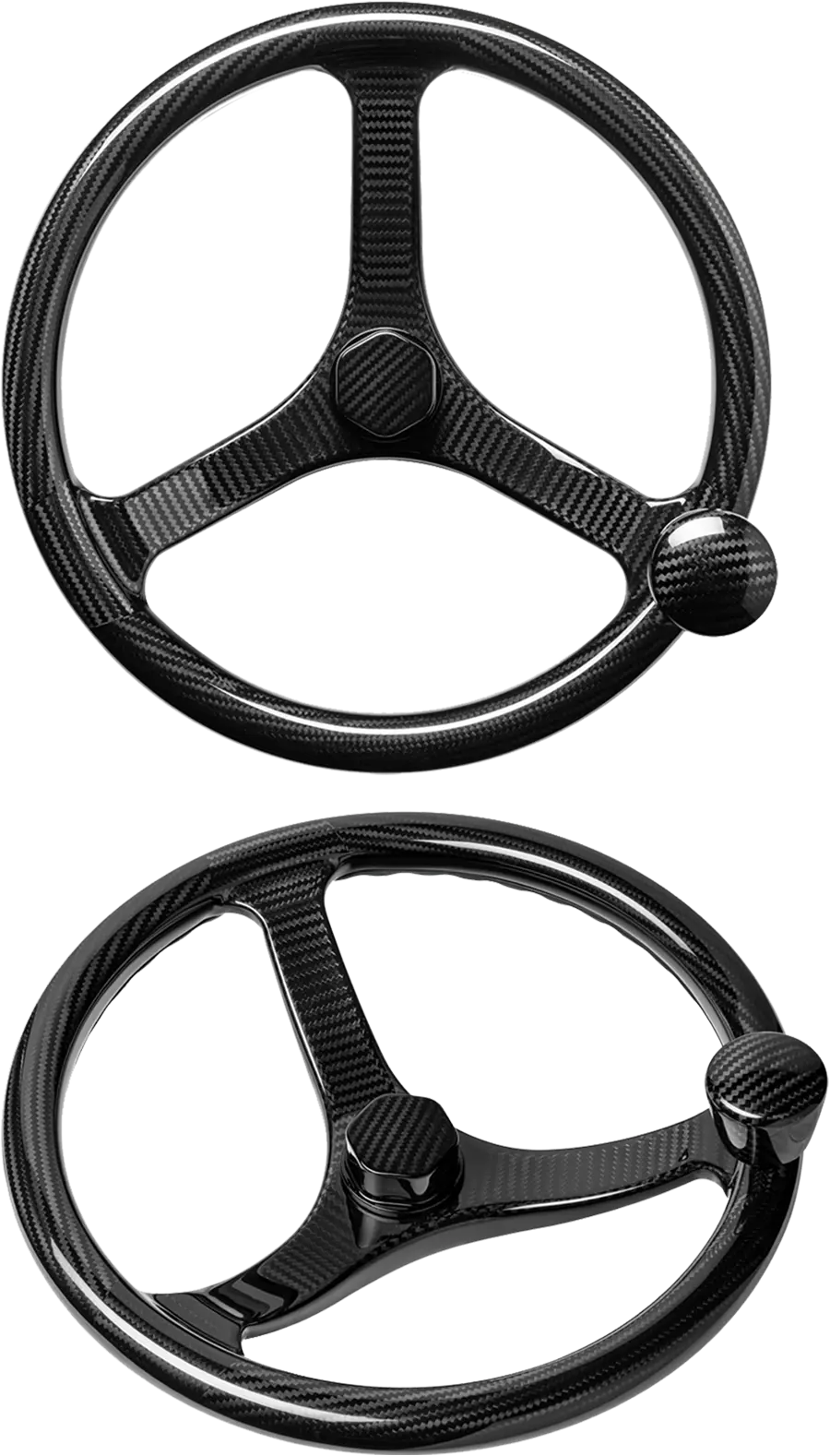 top and quarter view of a Schmitt Marine carbon fiber marine steering wheel