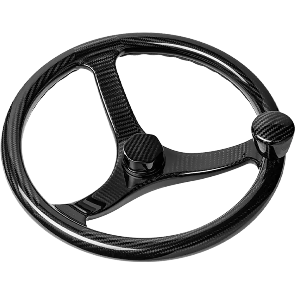 quarter view of a Schmitt Marine carbon fiber marine steering wheel