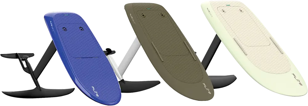 three eFoils, in blue, black, and white, from Flite