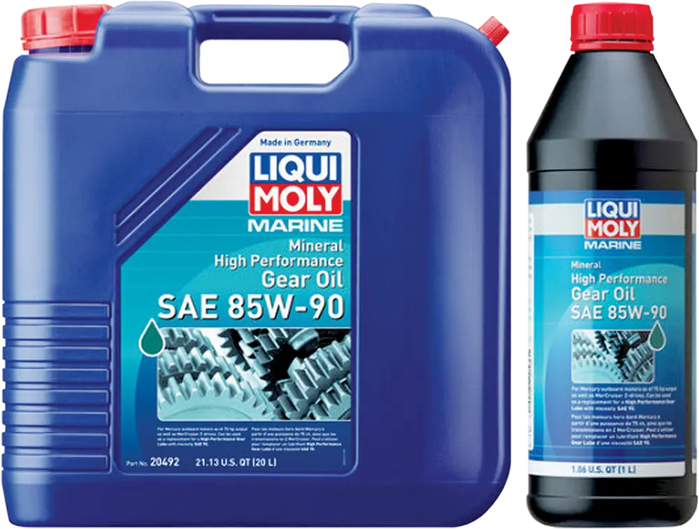 a 20 liter and a 1 liter container of Marine High Performance Gear Oil SAE 85W-90 from LIQUI MOLY, side by side