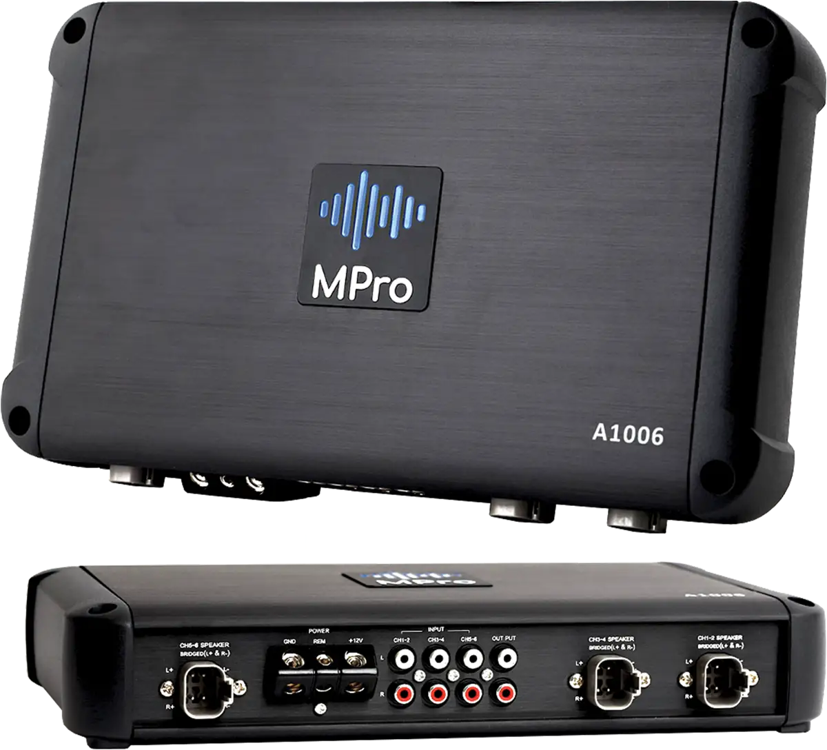 top and back view of the MPro-A1006 Six-Channel Class D Amplifier