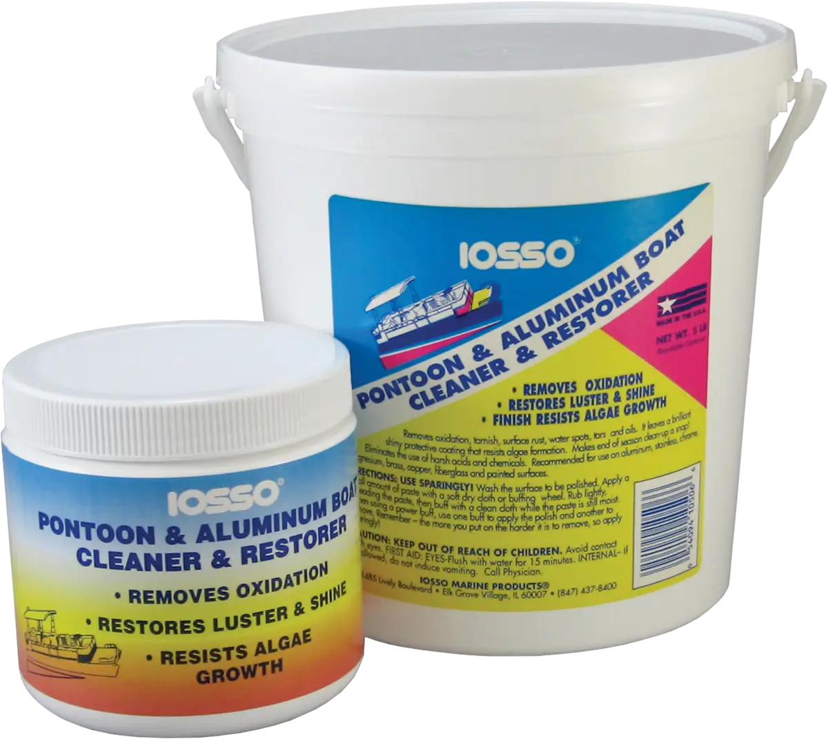 a large bucket and smaller container of Pontoon Polish from Iosso Products