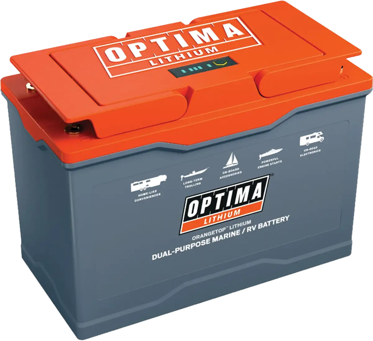 high angle quarter view of an Optima ORANGETOP lithium battery