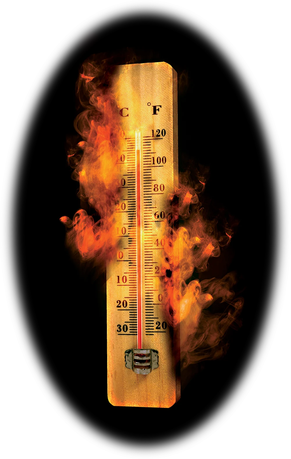 wooden thermometer with high temperature on fire