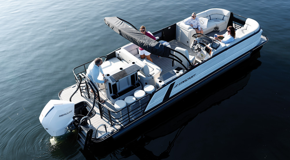 aerial view of family on a boat