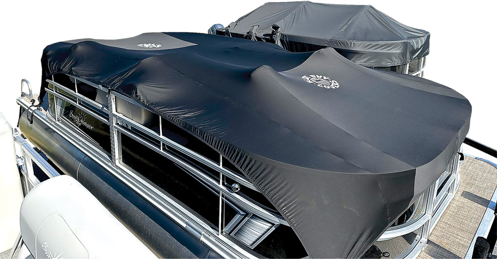 angled view of a Sun Chaser pontoon covered with a black Blue Sky cover