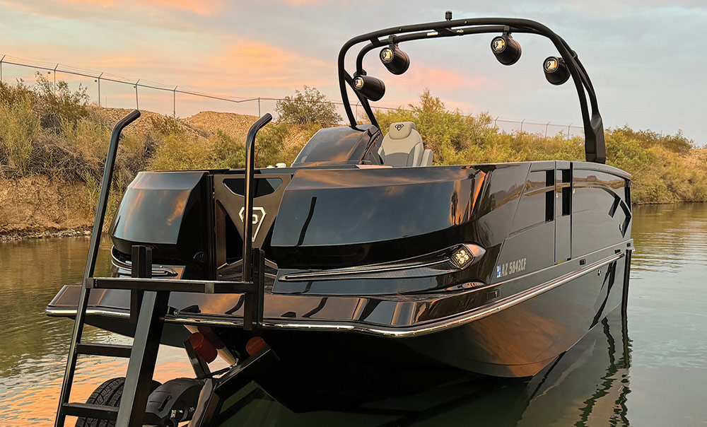 rear view of a brown and black Paradigm 235 Surf SL pontoon
