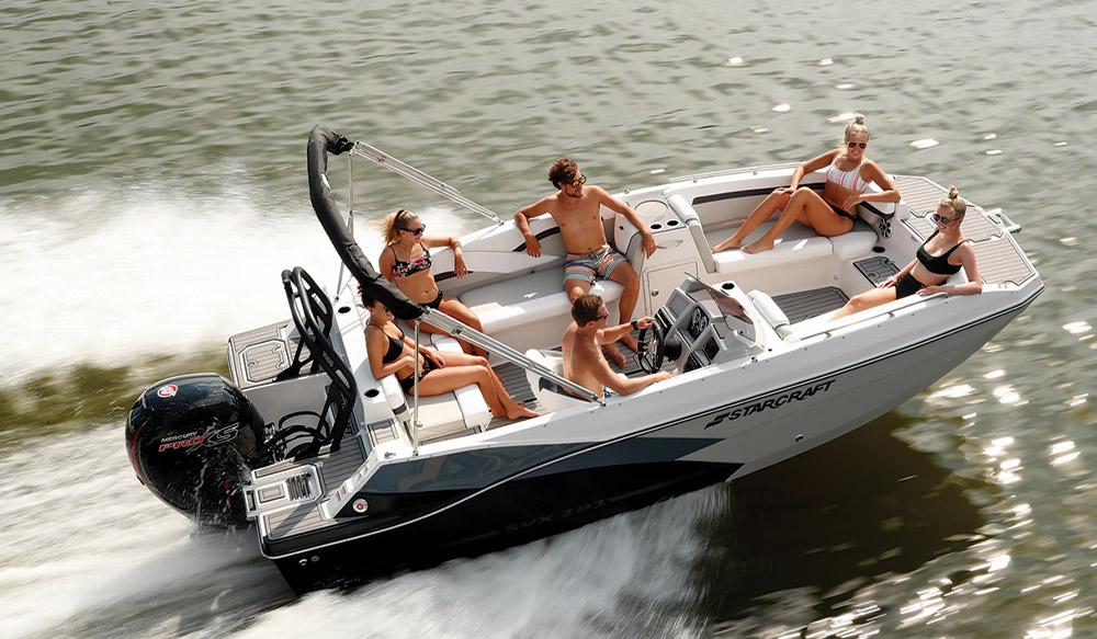 gray and white Starcraft SVX 191 OB Deckboat in the water