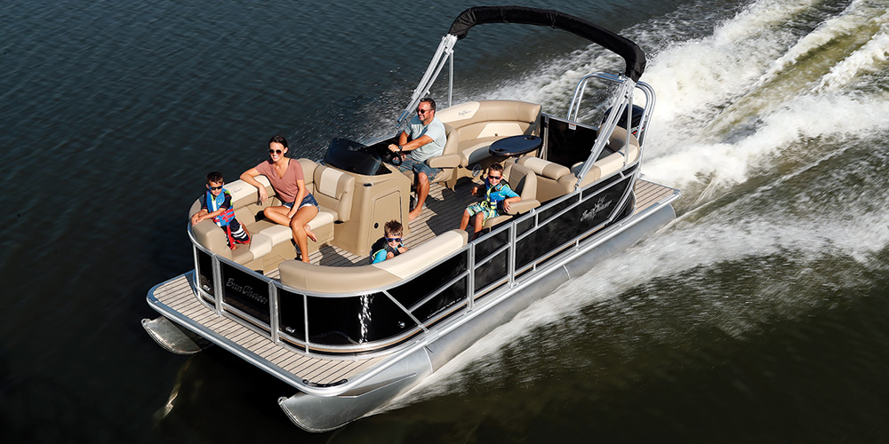 black and beige SunChaser Geneva 20 LR DH pontoon in the water
