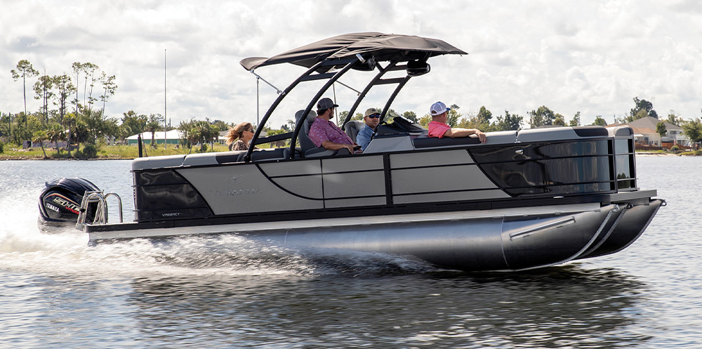 beige and black Veranda Relax VR22RC pontoon in the water