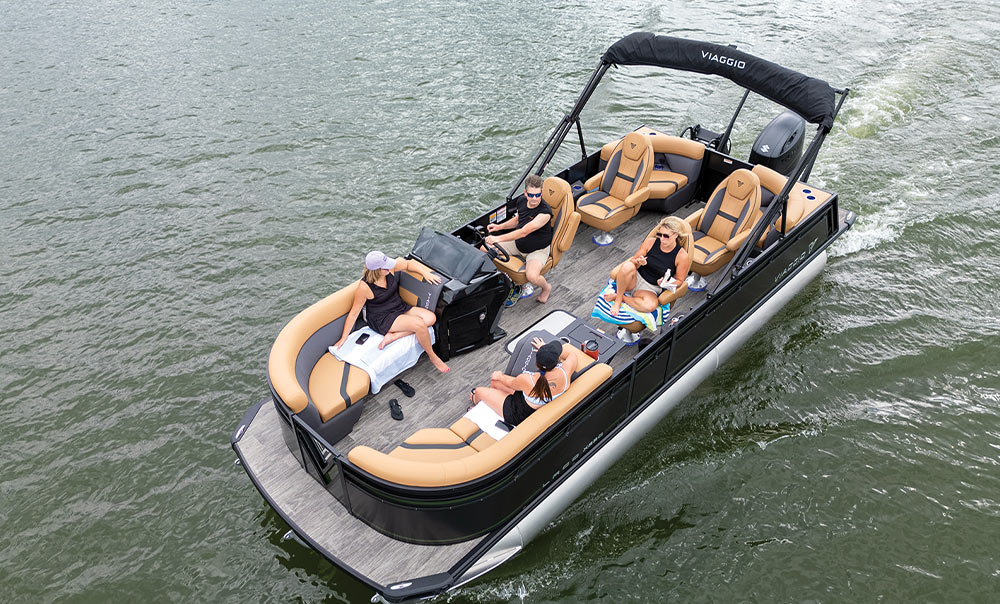 aerial view of a Viaggio Lago X-22Q pontoon in the water