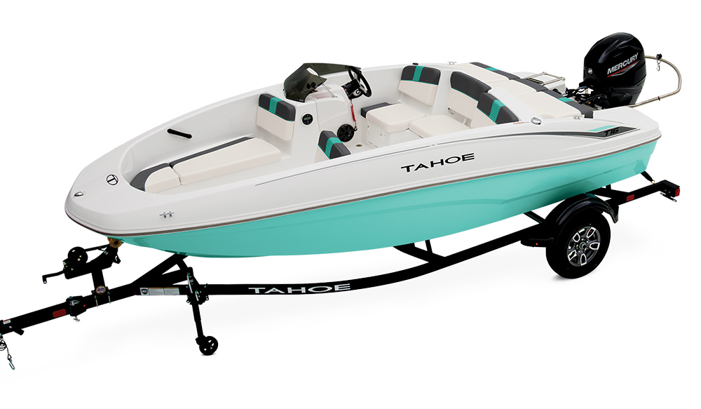 blue and white Tahoe T16 boat on a trailer