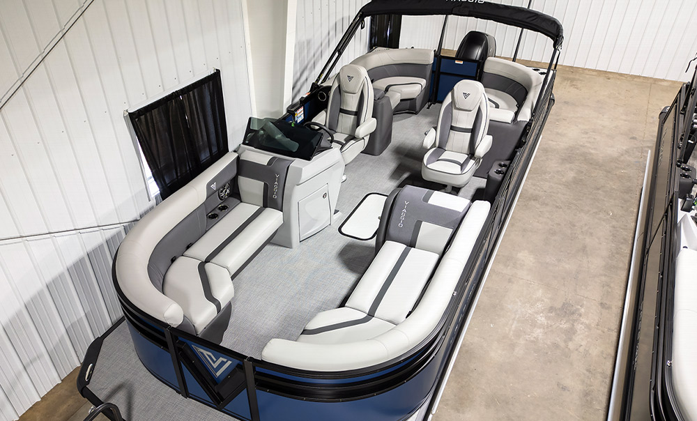 aerial view of a Viaggio Lago X-22U pontoon with gray seating